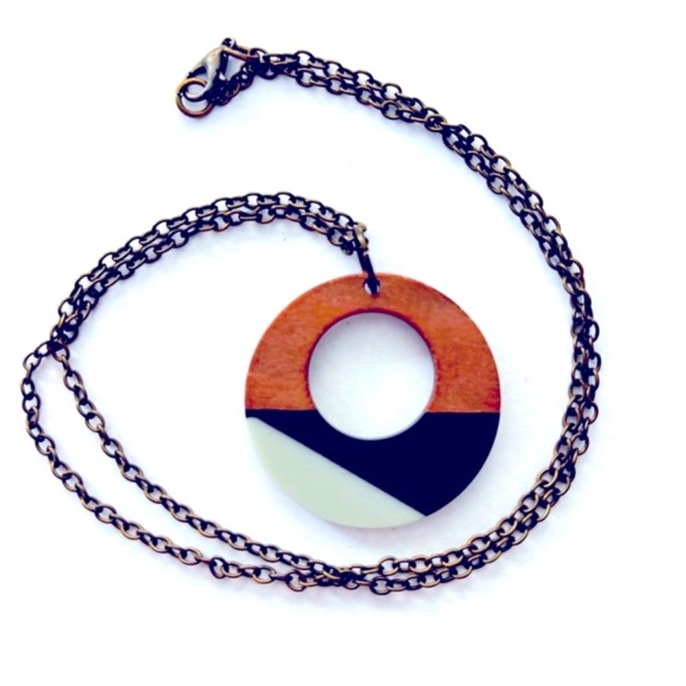 Wood & Black and Light Grey Resin Geometric Pendant Necklace, NWT, Handmade